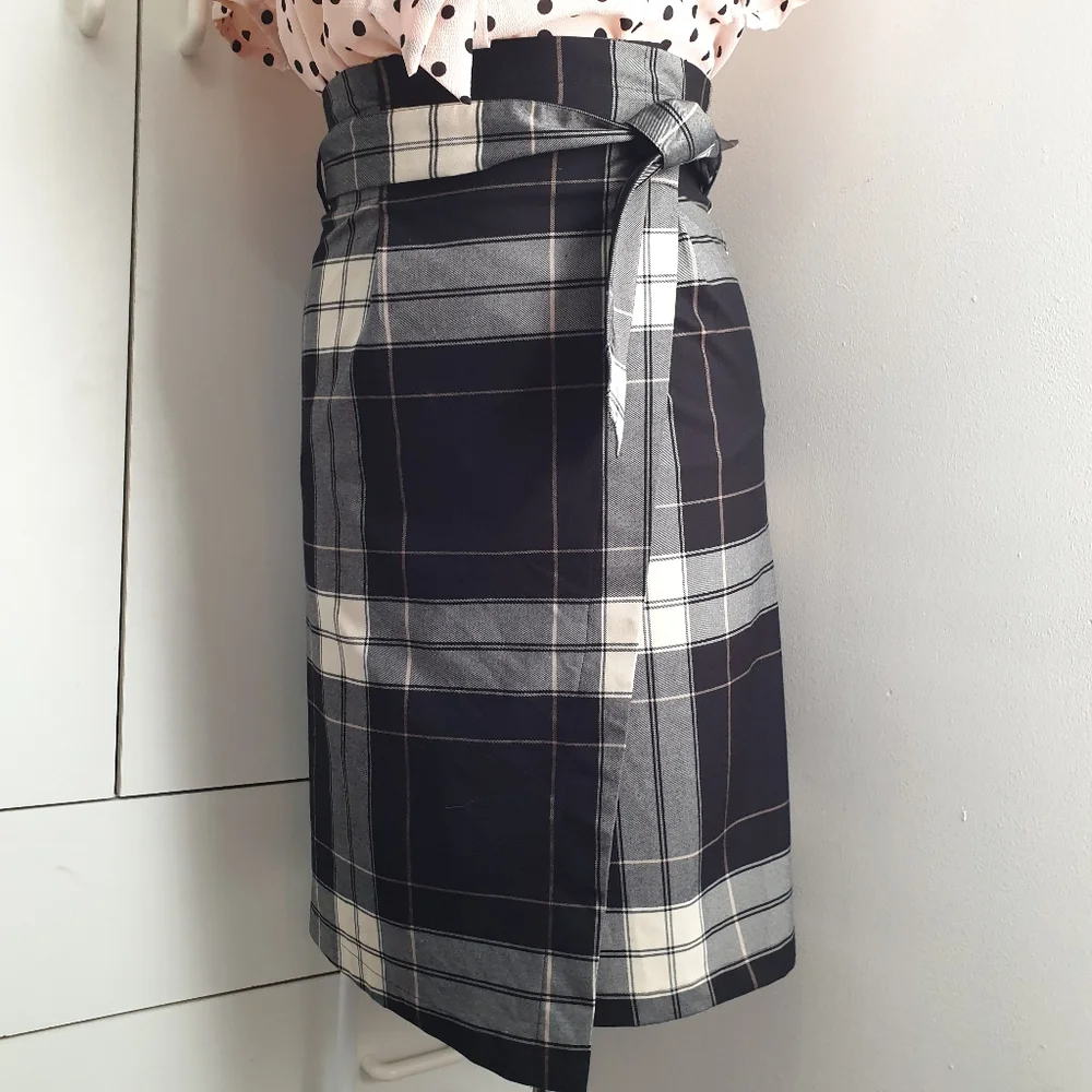 NWT AU 14 Dotti Black White Plaid Midi Belt Wrap Skirt - Picture 15 of 16